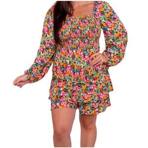 Hailey & Co Colorful Floral Long Sleeve Tiered Romper Mini Dress Women's Small